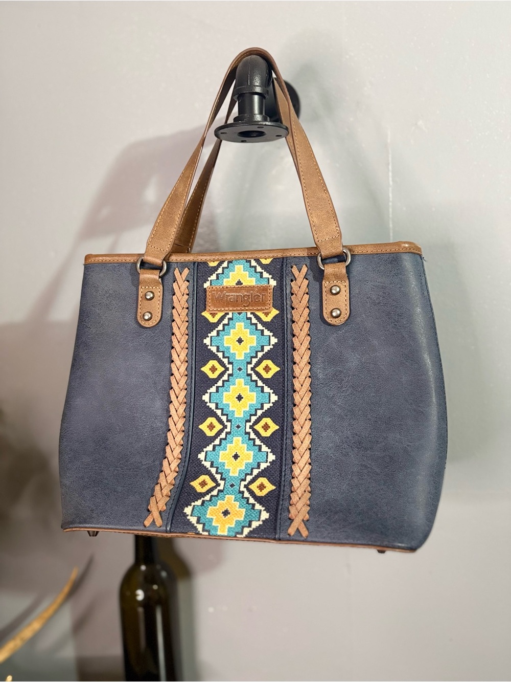 Wrangler Navy and Tan Geometric Embroidered Tote